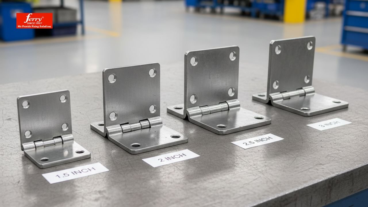 Comparison of 1.5 inch, 2 inch, 2.5 inch, and 3 inch lorry hinges arranged on metal surface for size and strength reference